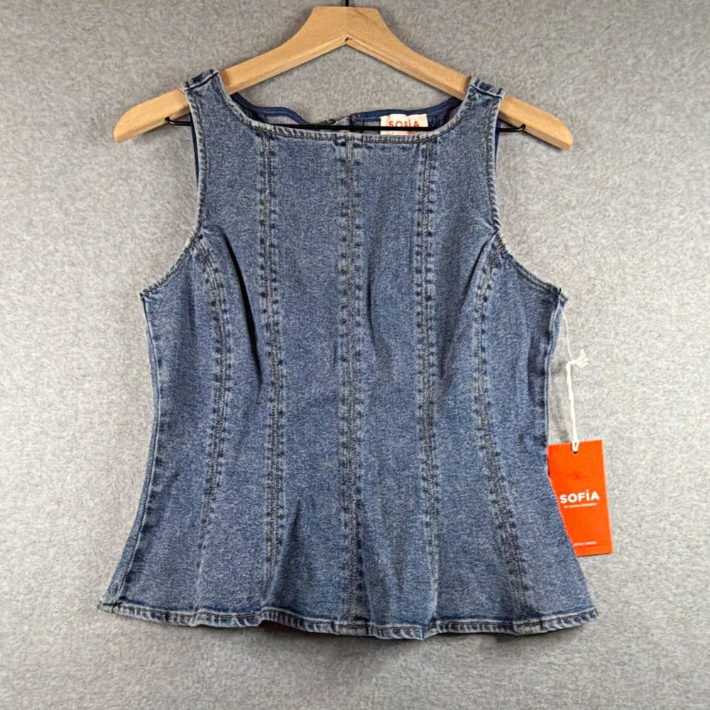SOFÍA by Sofia Vergara Denim Peplum Top in Light Wash Blue - Women's 8